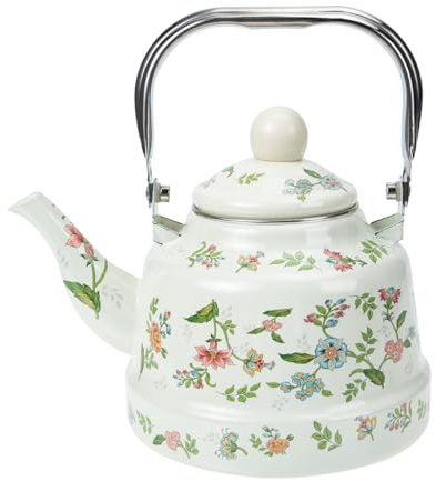 HANABASS 1.7 L Vintage Enamel Teapot with Floral Pattern, Stove Top Kettle Vintage Elegant Boiling Pot, Colorful Water Tea Kettle Flat Bottom Kettle with Porcelain Handle for Tea Coffee