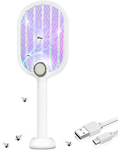 Ikodm Elektrische Fliegenklatsche, 3000V Elektro Mückenklatsche und UV Mückenlampe 2 in 1, USB Wiederaufladbarer mit Ladebasis, LED-Beleuchtung, für Mücken, Fliegen,Bienen, Motten