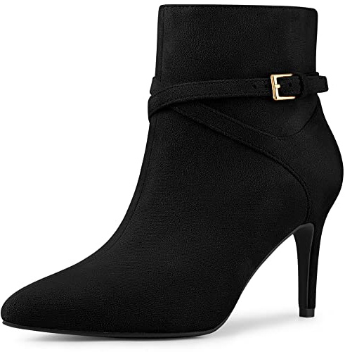 Allegra K Women Pointy Toe Buckle Cross Straps Stiletto Heel Ankle Boots | Pointed toe with buckle cross straps. Comfortable for casual walking. Versatile for daily wear