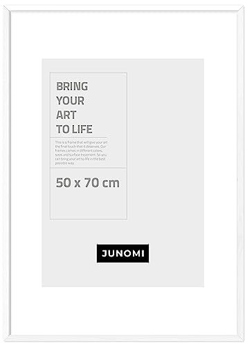 JUNOMI® Cornice 50x70 cm in legno bianca | Cornice per poster con vetro acrilico infrangibile | Montaggio a parete verticale e orizzontale | Profilo sottile