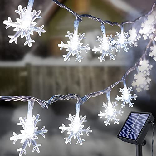 Fohil Guirlande Lumineuse Exterieur Solaire, 12M 100 LED Flocon de Neige Lumières de Noël Étanche 8 Modes Décoration Lumière pour Exterieur Interieur Jardin Terrasse Patio Cour Noël Fête Mariage