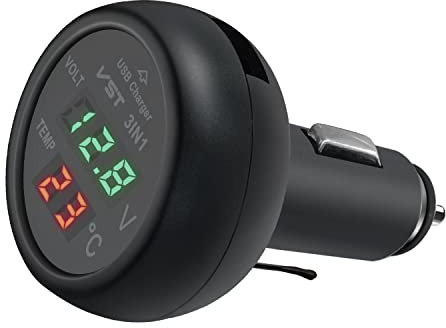 Hoembpn 3 in 1 Car USB Charger with LCD Digital Display Temperature Tester Voltage Monitor Meter Cigarette Lighter for 12V-24V Vehicles