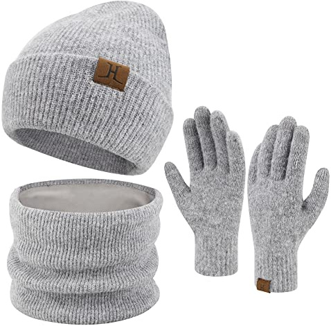 ZASFOU Damen Winter Beanie Mütze Schal Touchscreen Handschuhe Set Warme Wintermütze Loop Schal Schlauchschal Winterhandschuhe Weihnachten Geschenk für Frauen,Lichtgrau