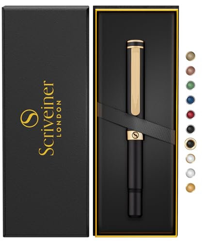 Scriveiner Schwarzer Kugelschreiber EDC Luxus Stift, toller Taschenfüller mit Echtvergoldung, Cooler Schreibstift, Geschenk für Mann Frau, Deutsche Schmidt Mine, Ausgefallenes Büro Designer Schreibset
