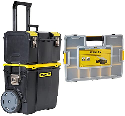 STANLEY 3 in 1 Rolling Work Centre Toolbox with Pull Handle, Detachable Toolbox with Portable Tote Tray, 1-70-326 & Professional Organiser, Tool Box, Tool Organiser, Sort Master Seal Tight ‎STA194745