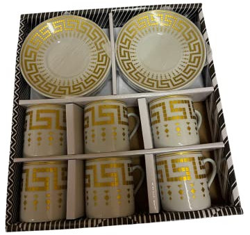 Service à thé/café en porcelaine 6 tasses, 6 soucoupes (doré et blanc)
