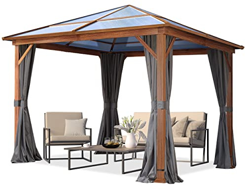 TOOLPORT Garden gazebo 3x3 m hardtop polycarbonate roof, wood finish, 4 side panels in grey