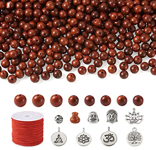 PandaHall Mala-Perlen-Set aus Palisander, mit Buddha-Kopf-Perlen, tibetischer Stil, Legierung, Anhänger, elastische Schnüre für Gebetsarmband, Halskette, Schlüsselband, 352-teiliges Set