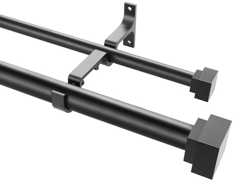 1 Inch Modern Double Window Curtain Rods,72-144 Inch Adjustable Telescoping Heavy Duty Stylish Drapery Rods Decorative Solid Square Allufer Finials for Dual Curtain Rod Window Treatment,Matte Black
