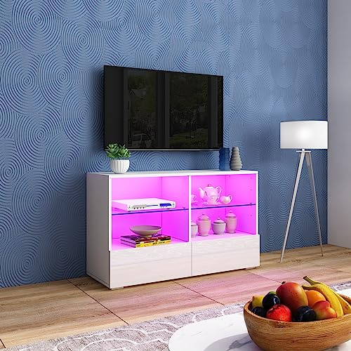 Senvoziii White TV Unit Led Light Modern High Gloss Front TV Stand Unit 100CM with 2 Drawers 4 Open Shelves with Glass Shelves TV Units for Living Room Bedroom Home Furniture