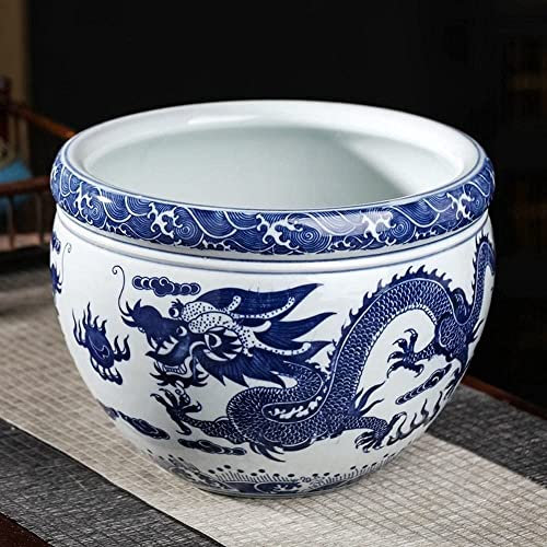 DSHUB Pots De Fleurs en Céramique Chinois Bleu Et Blanc Porcelaine Asiatique Double Dragon Feu Perle Bol De Poisson Pots De Plantes Succulentes Jardinière Succulente Décoration Intérieure Cylindre
