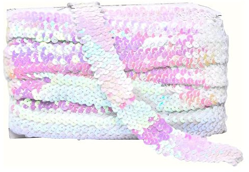Mandala Crafts Elastic Sequin Ribbon Trim - 1.5 Inch AB Iridescent Sequin Elastic Trim for Sewing Dress Headband - 10 Yards Fabric Metallic Stretch Sequins Band