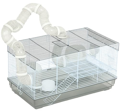 PawHut Gabbia per criceto e roditore con tunnel, accessori inclusi, maniglia, filo di acciaio, 58 x 32 x 31 cm, grigio