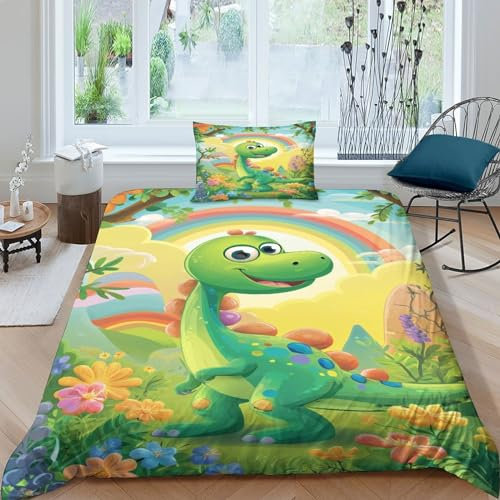 CULPRT grüner DinosaurierBettwäsche Set Bettbezug Set 3D Trösterbezug 2 Stücke Mikrofaser Für Kinder Teens Jungen Bedruckter Bettbezug Single（135x200cm）