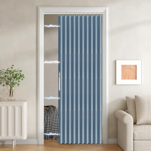JILRON 100% Blackout Fabric Folding Curtain with Magnetic Closure - Accordion Style for Sliding Door, Closets, Wardrobe and Temporary Solutions (W42 x L78, Blue 1 Panel)