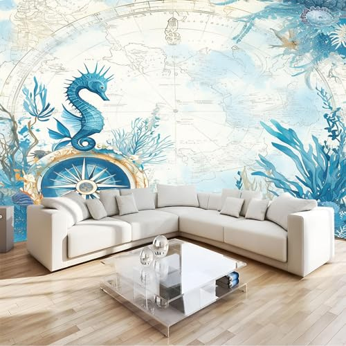 Papel Pintado Fotomural Paredes Mural Lana Papel Pintado 350 x 256 cm Papel tapiz Caballito De Mar De Algas Náuticas Decoración para comedores Salones Habitaciones Sala Cuarto Oficina Salón