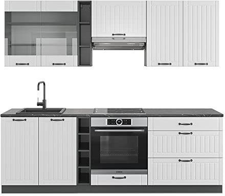 Vicco Küchenzeile Fame-Line, Weiß Landhaus/Anthrazit, 235 cm, AP Marmor