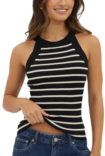 EMOTTOS Donna Canotta Tank Top, Canottiera Top a Righe Collo a Cavezza Estiva Senza Maniche, Camicette Tops Crop Top Casual Elegante Sexy vestibilità Slim, Nero e Bianco S
