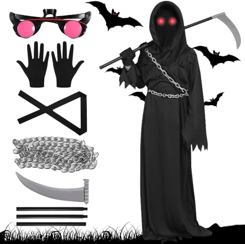 LYPPUL Kids Grim Reaper Costume, 7pcs Halloween Fancy Dress Costume, 160cm Grim Reaper Outfit with Glowing Red Eyes, Scary Reaper Costume Unisex, Creepy Grim Reaper Cosplay Set Decoration