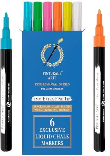 Pinturale Arts Pennarello Gesso Liquido Cancellabili | Set 6 Colori | Pennarelli Per Vetro Lavabili | Punta Fine 1mm | Pennarelli Gesso Liquido Per Lavagna Nera, Per Vetro, Cancellabile A Secco