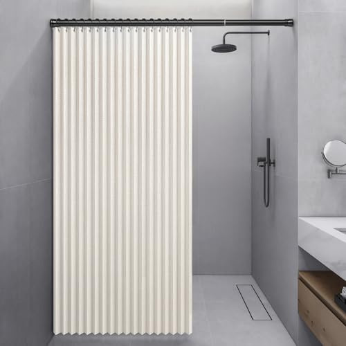 Momooda Faltbarer Duschvorhang Wasserdichter, Beige, 240x200cm | Gewicht aus Leinen, Magnet, Spritzwassergeschützt, Schnellverschluss, Duschvorhang Anti Schimmel