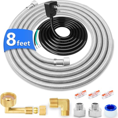 Dishwasher Installation Kit - 8 FT Stainless Steel Dishwasher Hose with 3/8 Compression Connections,Food Grade PEX Inner Tube Dishwasher Water Supply Line with Elbows,Adapters and 6 FT Power Cord