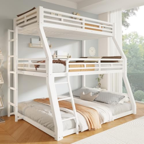 Zravenna Dreifach-Etagenbett Hochbett 90x200 cm mit Leiter, Metallbett Eisenbett, Familienbett Hochbett für 3 Kinder, Jugendliche und Erwachsene, Weiß