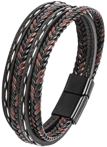 JUZICHEN Läderarmband För herr Män Med Stål, Presenter Till Män, Läderarmband i Svart, Brunt Och Blått Till Pappa Och Farfar (D)