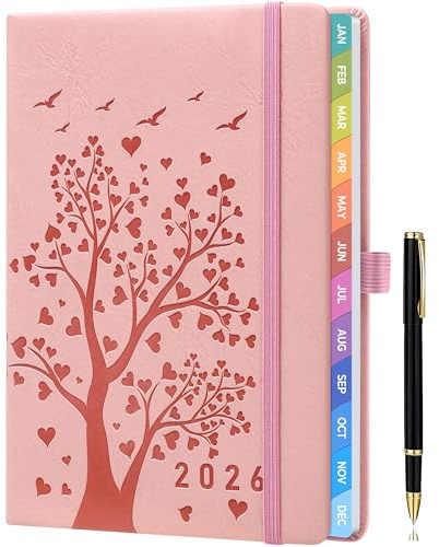 2026 Diary A5 Week-to-View (Jan 2026 - Dec 2026) – Pink, Colorful Monthly Tabs, Elastic Pen Holder, 2 Bookmarks, Pen Loop, Inner Pocket