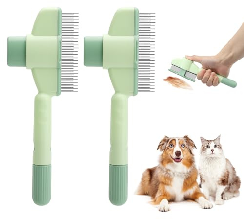 2 Stück Fellblitz Bürste Katze Hund Grün Flohkamm Fellblitzbürste Fellblitz-Bürste Selbstreinigende Katzenkamm Unterfellbürste Katze Fellbürste Tierbürste Cat Comb Kamm Haarbürste für Katzen Hunde