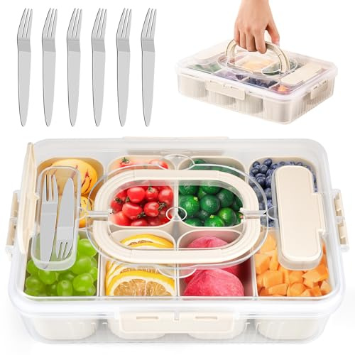 Snack Box Container + 6 Tenedores Acero Inoxidable, Bandeja Viaje Aperitivos para Servir con Tapa y Asa Organisation Plastico Contenedor Dividida Organizador con 8 Compartimentos Refrigerador Snackle