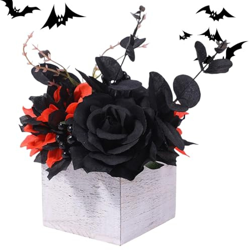 Schwarze Kunstblumen | Schwarze künstliche Rosen Halloween | Gothic Blumenstrauß | Künstlicher Blumenstrauß mit Holzvase | Elegante Tischdekoration |