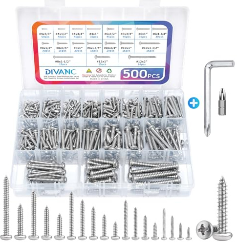 500Pcs 304 Stainless Steel Wood Screws Assortment Kit,#4#6#8#10#12 Assorted Screws,Phillips Drive Pan Head Sheet Metal Screw Self Tapping Screws Set, Length 3/8 to 2 (Silver-Pan Head 500PCS)