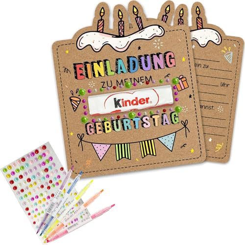 ILMFMY Kuchen Einladungskarten Kindergeburtstag Set – 20 nachhaltige Kraftpapier Karten in Kuchenform zum Ausmalen & Basteln – kreative Einladungskarten für Mädchen, Jungen & Kinderpartys