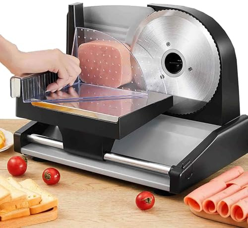 SUNBGRPYE Cortadora De Carne De 200W, Cortadora De Carne EléCtrica DoméStica, Grosor Ajustable De 1 A 15 mm, con Hoja De Acero Inoxidable De 190 mm, para Carne, Queso, Pan, Verduras Black