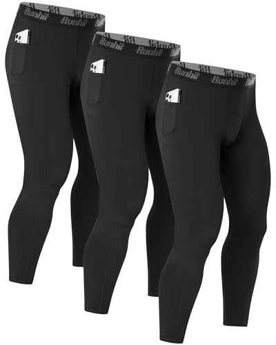 Runhit Men’s Running Tights, 3 Pack Compression Leggings with Pockets, Thermal Base Layer Pants Quick-Dry Trousers for Gym Cycling Football Jogging, All Black L