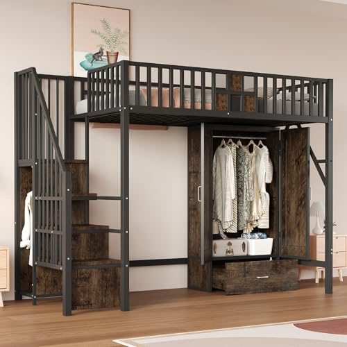Rosebibi Cama alta de metal, 90 x 200 cm, con diseño de barandilla de madera y rejilla metálica, completa con armario grande, cajones y escalera de almacenamiento, color negro