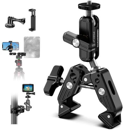 Superklämma-kamerafäste, 360° dubbel kulhuvud magisk arm, 1/4 tums-20 och 3/8 tums-16 trådar, superklämsats för telefon/LED-lampor/DSLR-kamera/Gopro/Ronin-M/MOVI/Insta360/stativ/skrivbord (kolsvart)