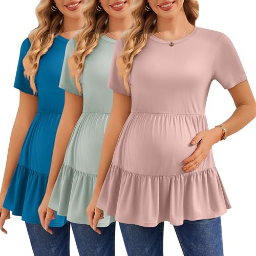 Ekouaer 3 Pack Women's Maternity Shirts Short Sleeve Ruffle Pregnancy Clothes Blouse Peplum Babydoll Tops Casual Mama Tee Light Green/Blue Green/Dirty Pink Medium
