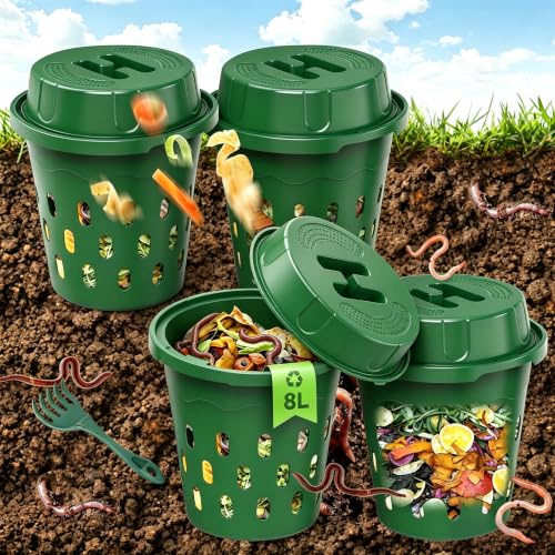 TOP XIAN Unterirdischer Wurmkomposter, 4er-Pack 8L Beetkomposter zum Eingraben, für Garten & Hochbeet, kompostiert Küchenabfälle, Einsteiger, Grün (24x24x27,5 cm)