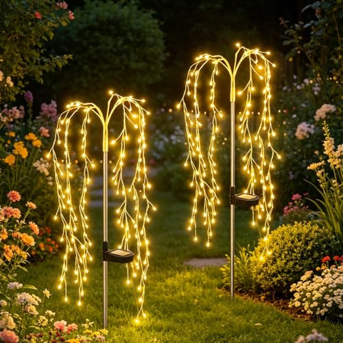 2Pcs Solar Willow Tree Outdoor Lights, 320 LEDs Solar Tree Lights Outdoor Garden, 8 Modes, Waterproof Copper Wire Fairy Starburst Solare Garden Decor Lights for Patio Yard Courtyard (Warm Yellow)