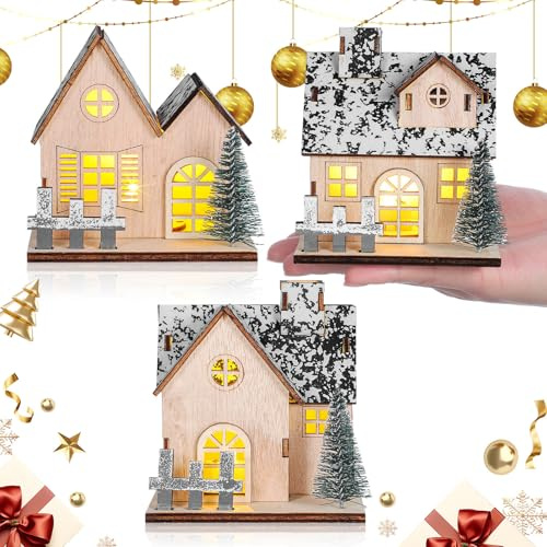 BESTonZON 3 Pezzi Casetta Natalizia in Legno Luci LED, Decorazione Rustica per Villaggio di Natale, per Tavolo e Ambientazioni Festive