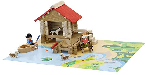 JEUJURA - Cabane de Pêche 90 Pièces - Jeu de Construction dès 3 Ans - 8219 | Jeu en bois enfant - Personnages, accessoires et tapis de jeu inclus - Valisette rangement - Imagination - Fabriqué en France