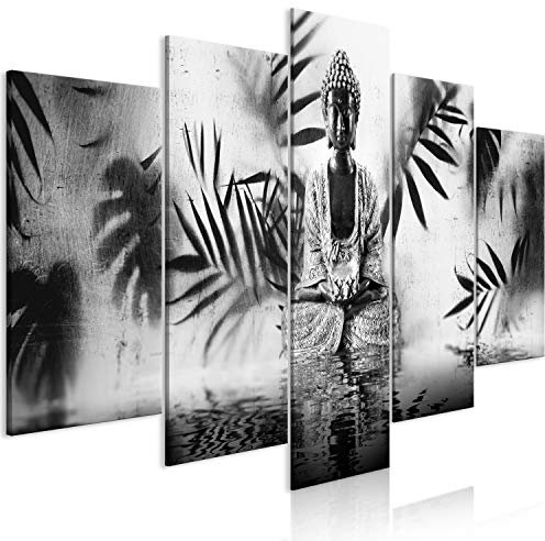 B&D XXL - Wandbilder XXL Buddha 200x100cm 5 tlg - Wand Deko Leinwand Bilder Groß Wanddeko Wohnzimmer Schlafzimmer Kunstdrucke - Feng Shui Zen Blätter grau p-A-0040-b-p