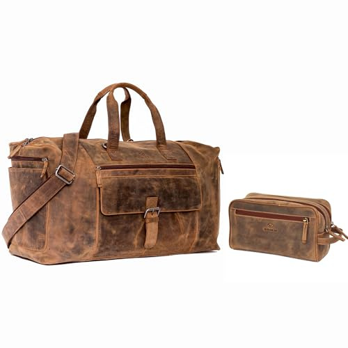 ALMADIH Leder Reisetasche Aiko + Kulturtasche Pietro BV - Weekender Handgepäck Freizeit Gym Fitness Tasche Duffle Bag Trainingstasche dazu Kulturbeutel Kosmetiktasche Herren (Aiko+Pietro BV)