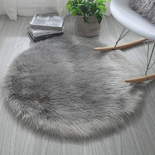 HARESLE Grau Runder Teppich 80cm Kunstfell Waschbar Teppich für Wohnzimmer | Flauschig, Kunstfell, Hochflor 6 cm, Kunstwildleder, Rutschfeste, für Schlafzimmer, Kinderzimmer, Babyzimmer