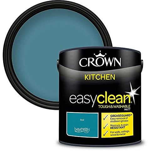 2.5L CROWN Easyclean Kitchen MATT Emulsion Multi Surface Paint With GREASEGUARD+ That can be Used on Walls, Ceilings, Wood and Metal. Stain & Scrub Resistant Formula – Teal
