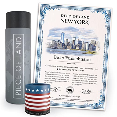 happylandgifts® Certificado de propiedad personalizado, parcela de terreno auténtica en Nueva York, regalo único para amantes de América, certificado, con nombre y dedicatoria