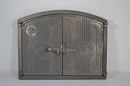 SEZAM leichte Doppeltür für Backöfen aus Gusseisen mit Thermometer 500 °C - mit Türriegel, halbrund, Pizzaofentür - Brotofen - Steinofentür, 48 x 3 x 38 cm, ohne Bemalung