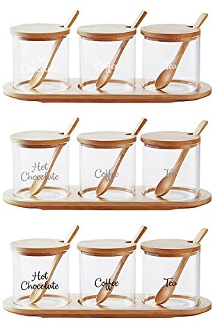 Print Maniacs 3 x Glass Canister Jar Personalised Clear Kitchen Food Storage Sugar Spice Jar with Wooden Lid & Spoon 0.35L (Font 2)